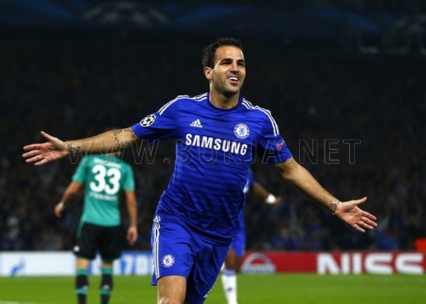 Chelsea's Fabregas celebrates after scoring a goal against Schalke 04 during their Champions League soccer match against at Stamford Bridge in London